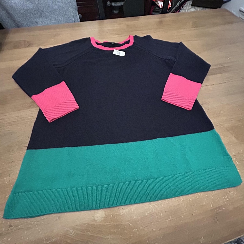 Talbots Sweater Womens Plus 1X Navy Pink Green Colorblock Raglan Lambswool Blend